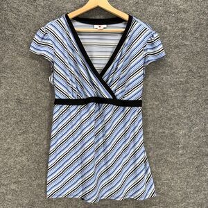 Two Hearts Maternity Blouse Women XL Blue Striped V-Neck Belted Short Sleeve